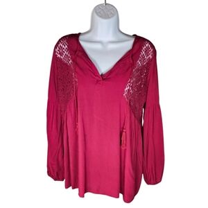 YA Los Angeles Boho Cut Out Long Sleeve Peasant Top Size S Deep Red Bohemian